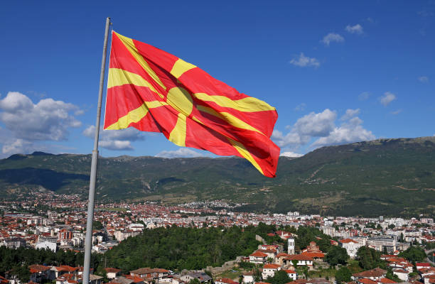 istock Macedonian flag above Ohrid city Macedonia 959971208