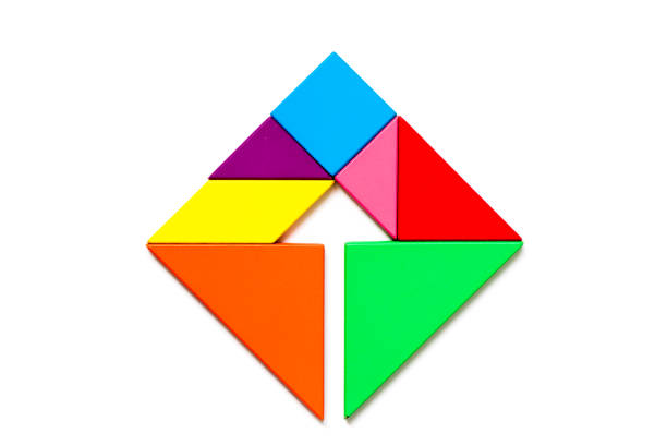 istock Color wood tangram puzzle in square with inside arrow shape on white background 959977992