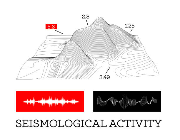 ilustrações, clipart, desenhos animados e ícones de actividade sísmica infográficos vector ilustração com ondas de som, gráficos e alívio topológico - seismologist