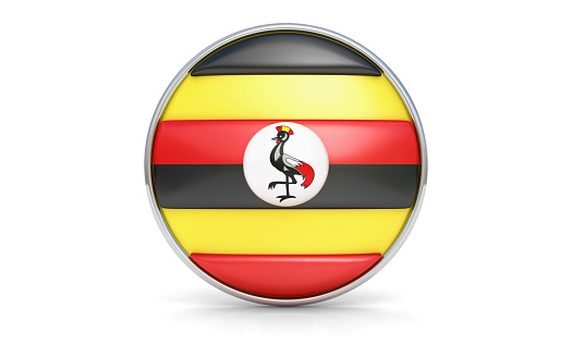 Round flag of the Uganda with more reflections, 3d render