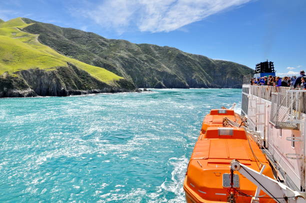 an interislander ferry in the cook strait transporting passengers from the north island to the south island new zealand - cook strait imagens e fotografias de stock