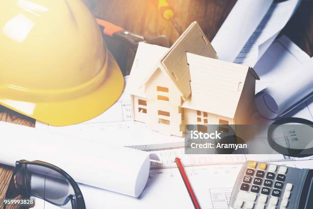 House Model With Architecte Tools On Table Stock Photo - Download Image Now - Construction Industry, Occupation, Plan - Document