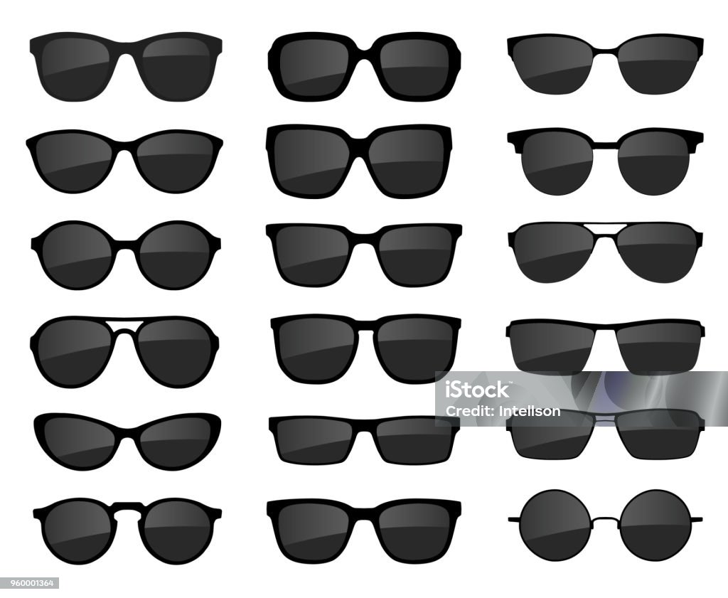 Eine Reihe von Gläsern isoliert. Vektor-Brillen-Modell-Icons. Sonnenbrillen, Brillen, isoliert auf weißem Hintergrund. Verschiedene Formen - Lager Vektor. - Lizenzfrei Sonnenbrille Vektorgrafik