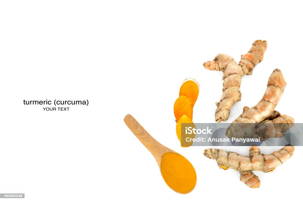 Fresh turmeric and powder in a wooden spoon on a white background with clipping paths. Turmeric Stock Photo