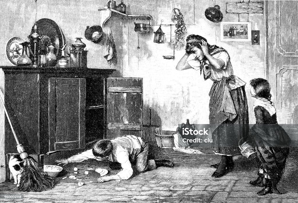 A nice present: boy has dropped plates on the floor Illustration from 19th century 1890-1899 stock illustration