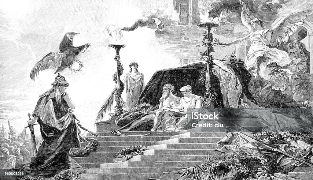 Symbolic sorrow for Otto von Bismarck Illustration from 19th century 1890-1899 stock illustration