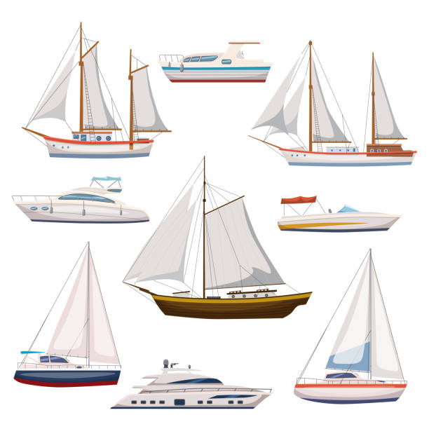 супер набор водных перевозок и морского транспорта в современном стиле мультипликац�ионного дизайна. корабль, лодка, судно, военный корабль - nave stock illustrations