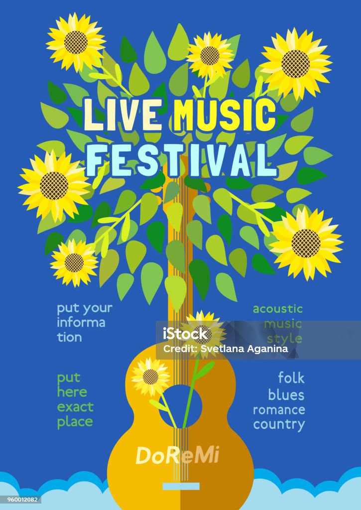 Summer decorative frame Template Design Poster with acoustic guitar silhouette summer flowers. Design idea for Live Music Festival show promotion advertisement. Seasonal event background vector vintage illustration A4 size Summer stock vector