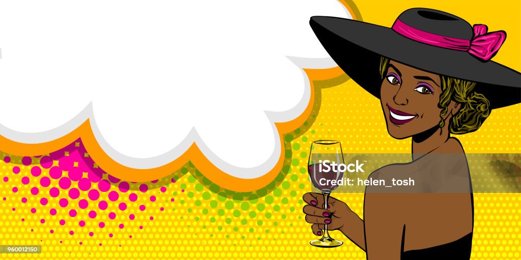 Woman pop art speech bubble text advertise Elegance pop art woman in hat bow look back hold glass of wine. Black african girl. Comic text speech bubble vector illustration. Summer party poster advertisement. Retro vintage cartoon style. Pop Art stock vector