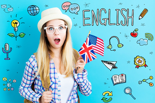 Study English theme with young woman holding flags