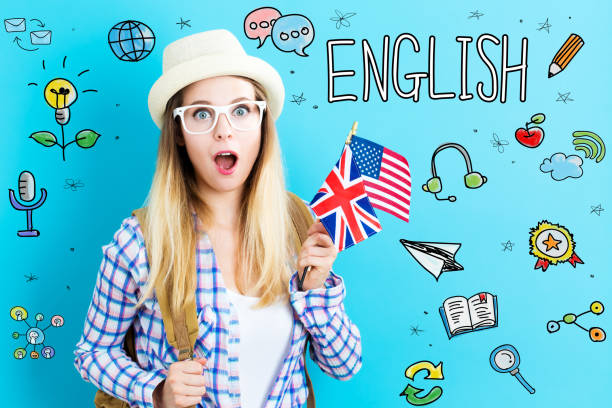 English theme with young woman holding flags Study English theme with young woman holding flags usa england stock pictures, royalty-free photos & images