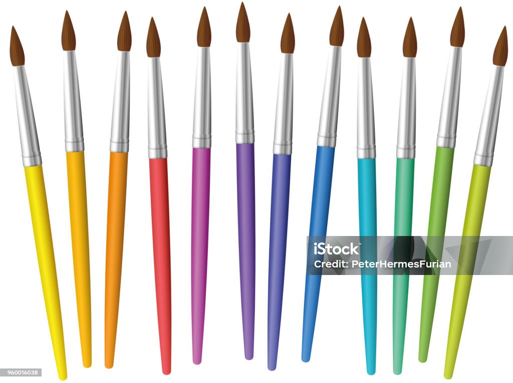 Paintbrushes Loosely Arranged Set Of Twelve Rainbow Colored Thin Paint  Brushes Isolated Vector Illustration On White Background Stock Illustration  - Download Image Now - iStock