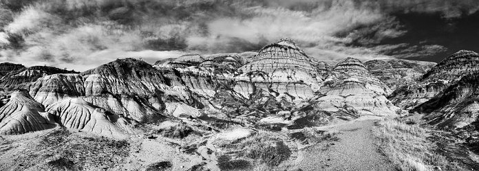 Panoramic of the beautiful landscape of the Canadian Badlands in Alberta, Canada. Multiple files stitched.