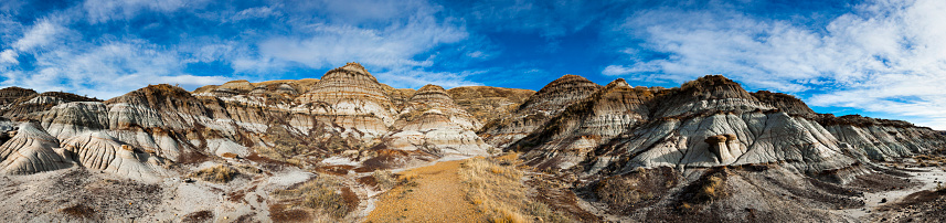 Panoramic of the beautiful landscape of the Canadian Badlands in Alberta, Canada. Multiple files stitched.