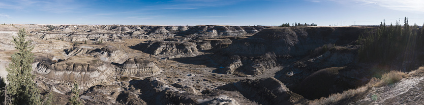 Panoramic of the beautiful landscape of Horseshoe Canyon in the Canadian Badlands in Alberta, Canada. Multiple files stitched.