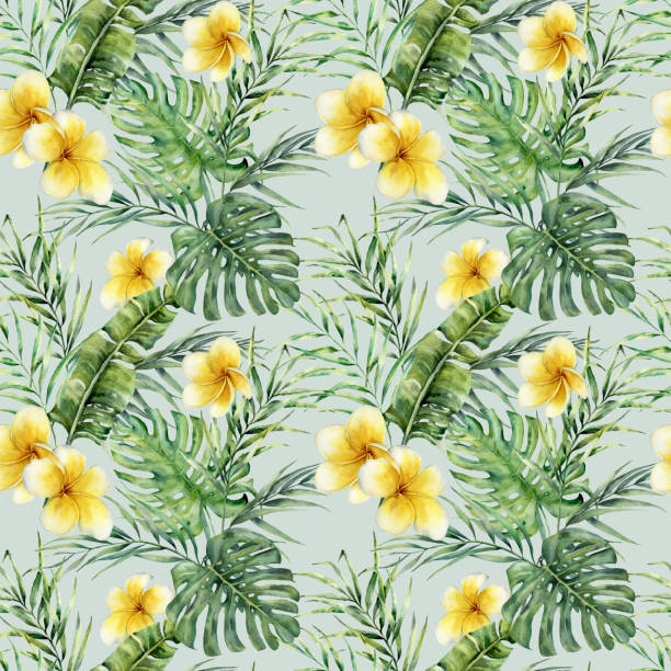 istock Watercolor plumeria and palm leaves pattern. Hand painted tropical frangipani with monstera and palm leaves isolated on blue background. Botanical illustration for design, print, fabric, background. 960020570