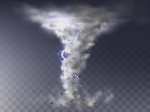 Vector realistic hurricane, tornado with lightning Vector illustration of realistic tornado with lightning, destructive hurricane isolated on transparent background. Wind cyclone, twisted vortex with flash of light, dangerous natural disaster tornado stock illustrations