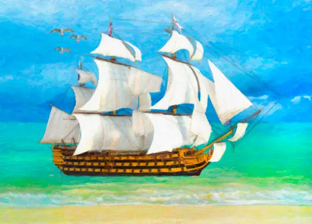 Painting style illustration of tall ship near beach with nice texture added