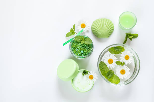 istock Spa products. Flat lay green color concept. 960031500