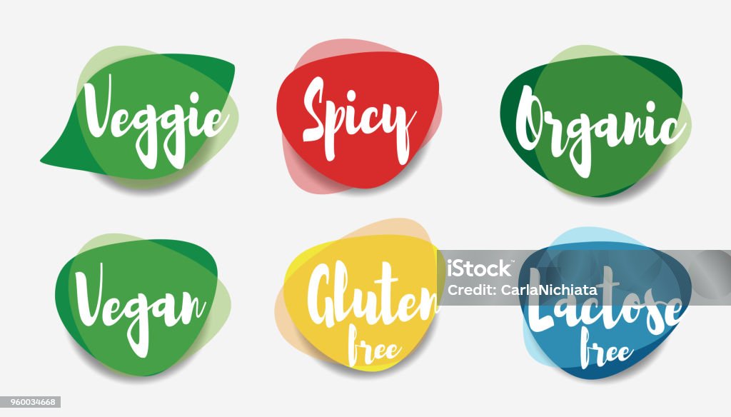 Vegan veggie spicy organic gluten free and lactose free icons vector. Label stock vector