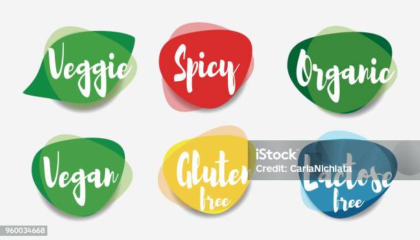 Vegan Veggie Spicy Organic Gluten Free And Lactose Free Icons Vector Stock Illustration - Download Image Now