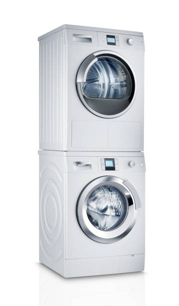 lavadora y secadora (aisladas con trazado de recorte sobre fondo blanco) - towel indoors single object simplicity fotografías e imágenes de stock