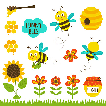 set of isolated funny bees and icons - vector illustration, eps