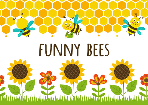 seamless borders grass and funny bees - vector illustration, eps
