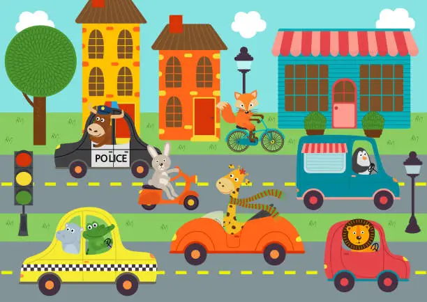 Vector illustration of transport with animals in town