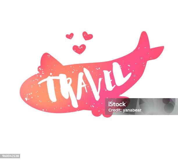 Aircraft With Hearts And Lettering Text Travel On White Background Vector Color Sticker Stock Illustration - Download Image Now