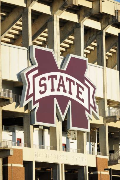 Close up fo sign on Davis Wade football stadium at MSU Mississippi State University, Mississippi, USA - April 16, 2018: Large M State and engraved Mississippi State signs on the west side of Davis Wade Stadium at MSU. mississippi state university stock pictures, royalty-free photos & images