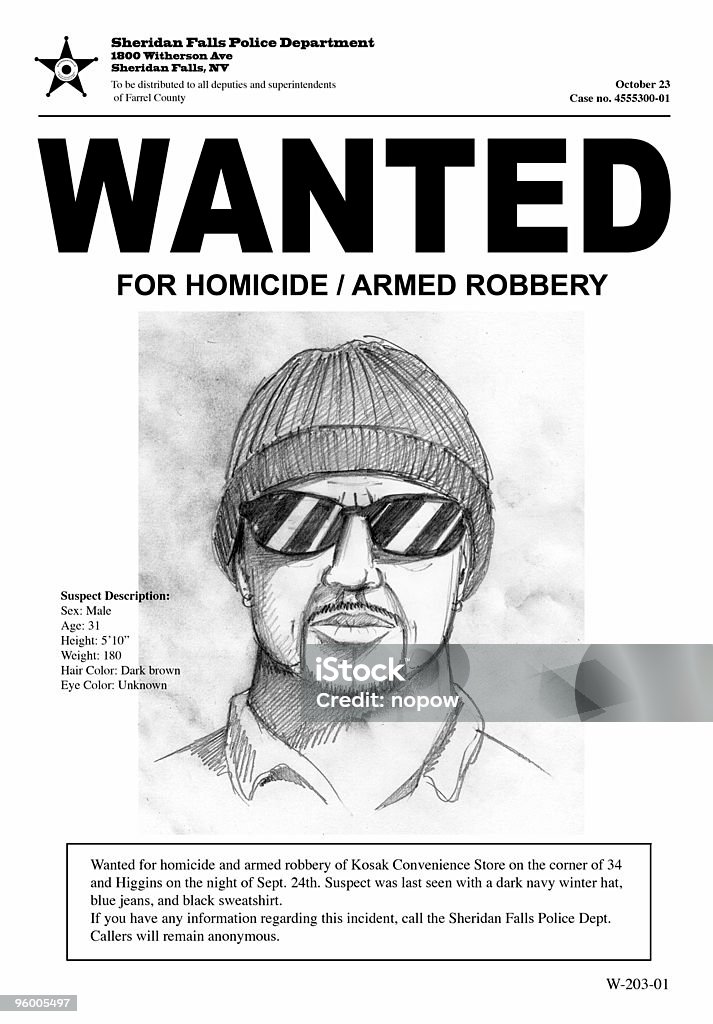 Wanted poster with drawing of a man with hat and sunglasses A "Wanted" poster with a police sketch. The town name, the man in the drawing, and all other information is fictional.  Wanted Poster stock illustration