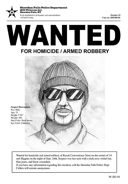 Wanted poster with drawing of a man with hat and sunglasses A "Wanted" poster with a police sketch. The town name, the man in the drawing, and all other information is fictional.  police force stock illustrations