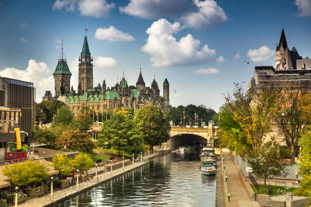 Rideau Canal by Parliament Hill in Ottawa Ontario Canada Boats on the Rideau Canal and Parliament Buildings in downtown Ottawa Canada parliament hill ottawa stock pictures, royalty-free photos & images