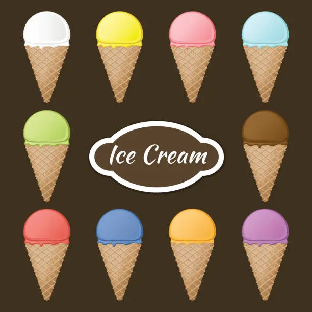 Vector illustration of Set of waffle cones and ice cream scoops with different flavors and colors. Colorful sweet fruit dessert in waffle cones