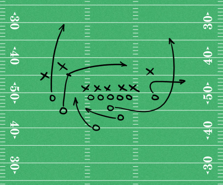 American football strategy diagram on chalkboard, slight vignette added.