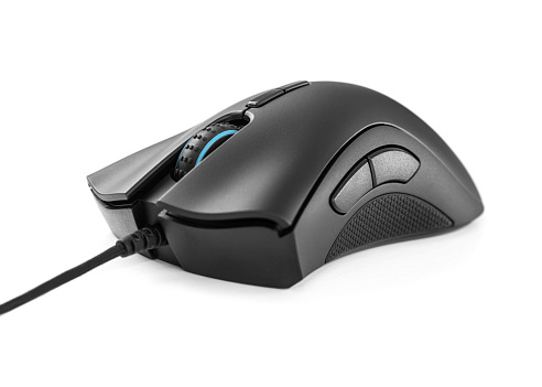 Modern gaming mouse isolated on white background.
