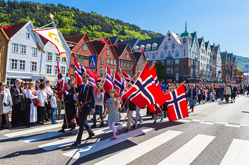 Bergen / Norway - May 17, 2018: National day in Norway. Norwegians at traditional celebration and parade.