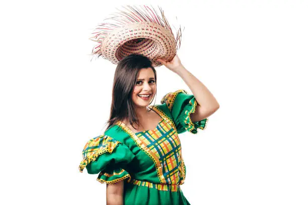 Photo of Brazilian woman wearing typical clothes for the Festa Junina