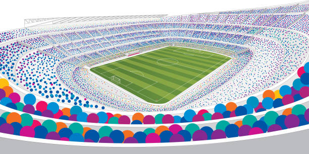 istock Drawing of panoramic view of a white soccer stadium filled with colorful people on white background with wide angle view in large format 960065536