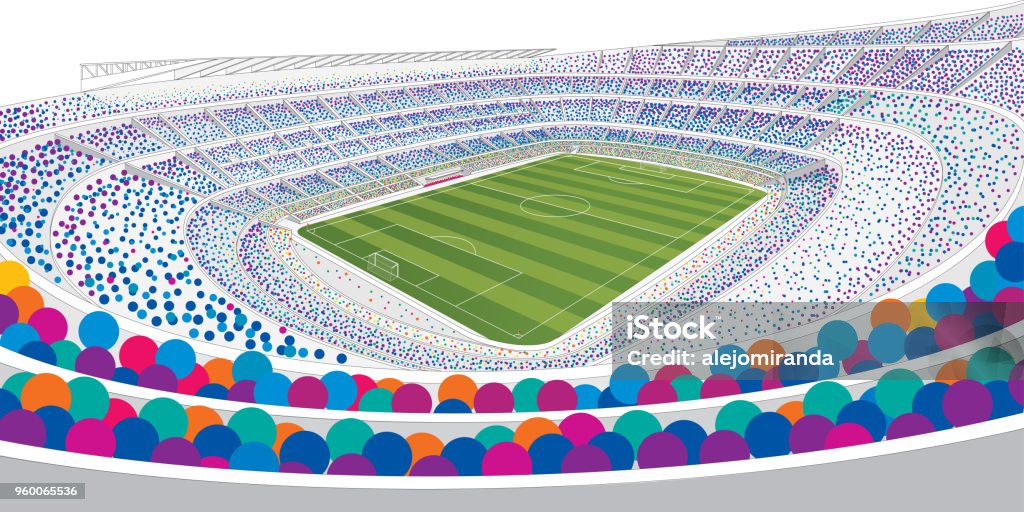 Drawing of panoramic view of a white soccer stadium filled with colorful people on white background with wide angle view in large format Drawing of panoramic view of a white soccer stadium filled with colorful people on white background with wide angle view in large format. Vector illustration Stadium stock vector