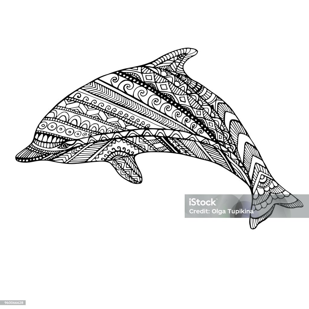Coloring page dolphin. Coloring page dolphin. Isolated pattern. Cartoon character of animals decorative element. Vector hands drawing doodle background."n Abstract stock vector