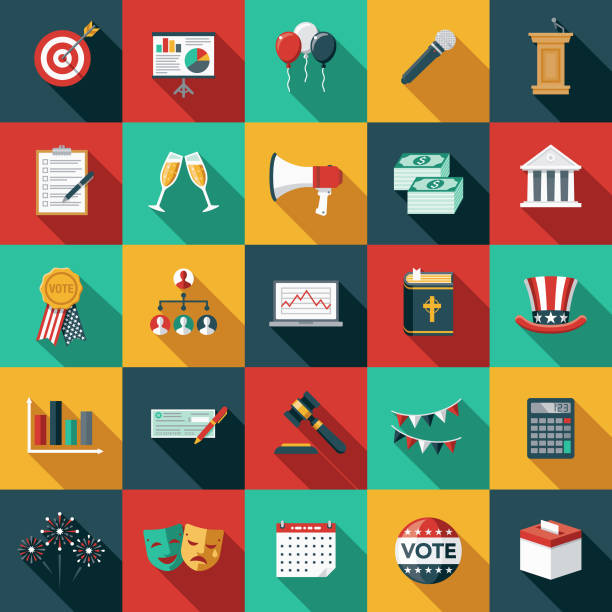 Elections Flat Design Icon Set with Side Shadow A set of flat design styled politics and elections icons with a long side shadow. Color swatches are global so it’s easy to edit and change the colors. microphone symbols stock illustrations