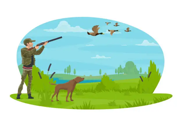 Vector illustration of Hunter and hunt for ducks vector poster design