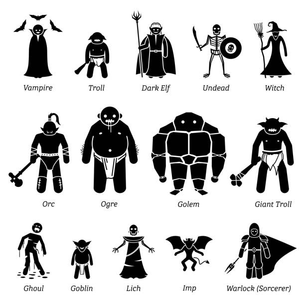 Ancient medieval fantasy evil characters, creatures, and monsters icon set. A vector illustratin of ancient fantasy evil characters from the medieval times. elf mage stock illustrations