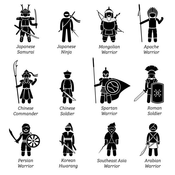 Ancient warriors around the world. Illustrations depict ancient soldiers, military, fighters, outfit, wear, weapon, and armors of different dynasty and empires throughout the history. ancient chinese weapons stock illustrations