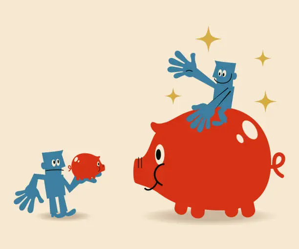 Vector illustration of One businessman sitting on a big piggy bank and another one holding a small piggy bank
