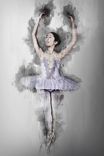 Illustrative rendering of a young Asian ballerina wearing purple tutu and pointe shoes dancing. Computer generated artistic sketch.  Reference image attached.