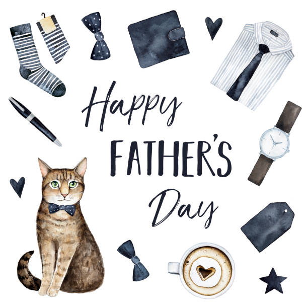 幸せな父の日のグリーティング カードは、明るい男スーツ要素、コーヒー カップ、美しい願い碑文、スタイリッシュなストライプの猫のキャラクター デザインします。 - business men humor macho点のイラスト素材／クリップアート素材／マンガ素材／アイコン素材