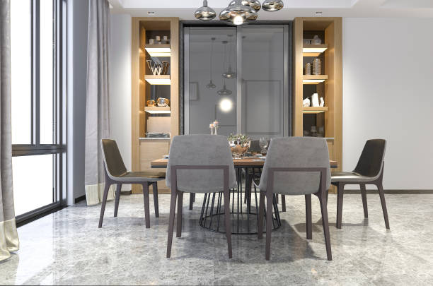 istock 3d rendering nice wood dining room with shelf decor idea 960112474